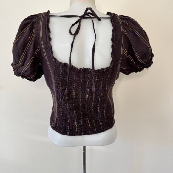 🍄 50% OFF - Free People Corset Top Brown Espresso Bean Striped Shirt Blouse - Picture 7 of 15